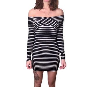 Topshop Ribbed Jersey Navy Striped Off the Shoulder Mini Dress